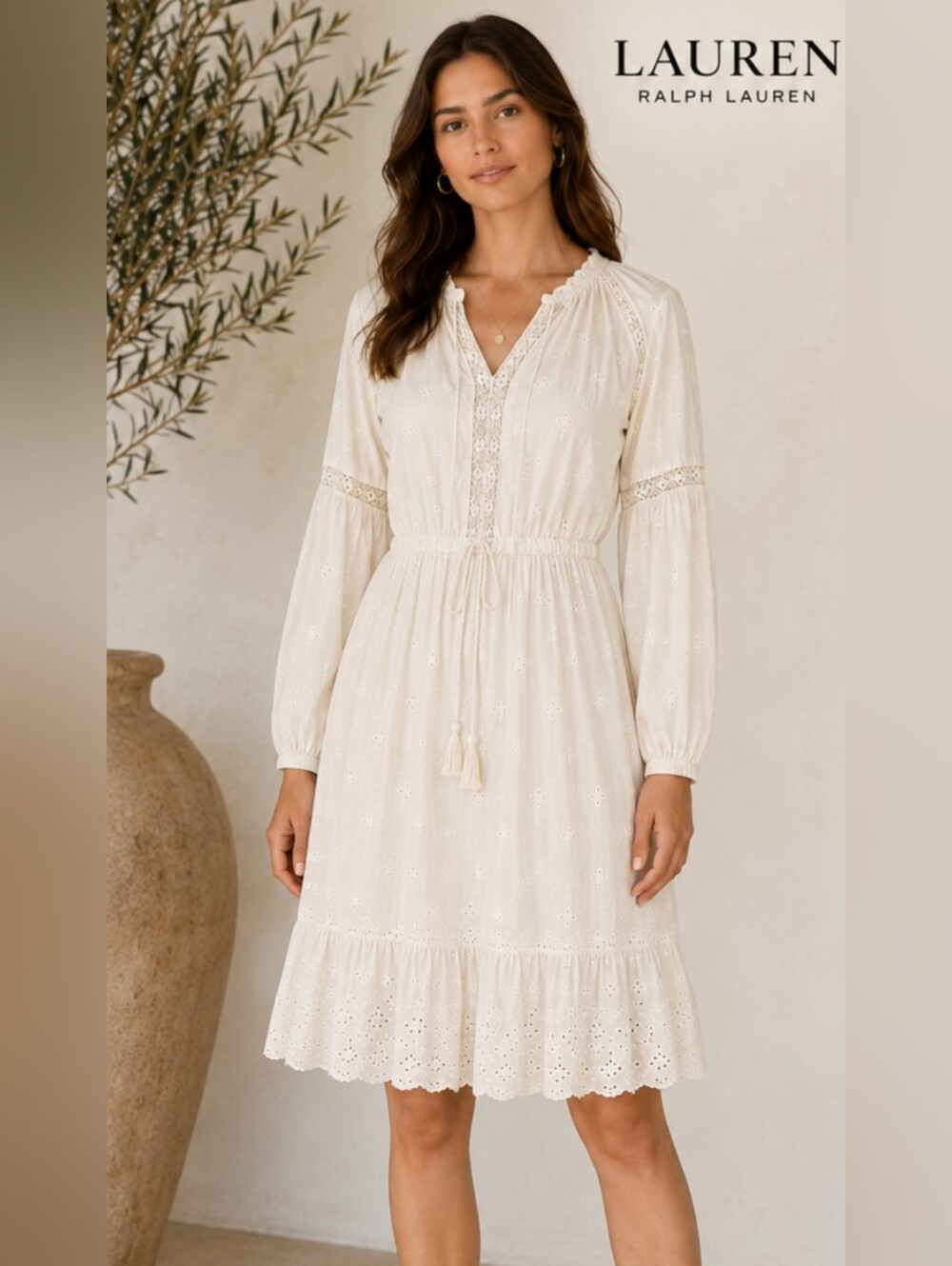 Lauren Ralph Lauren Eyelet Embroidered Boho Dress Cotton Modal Size Small